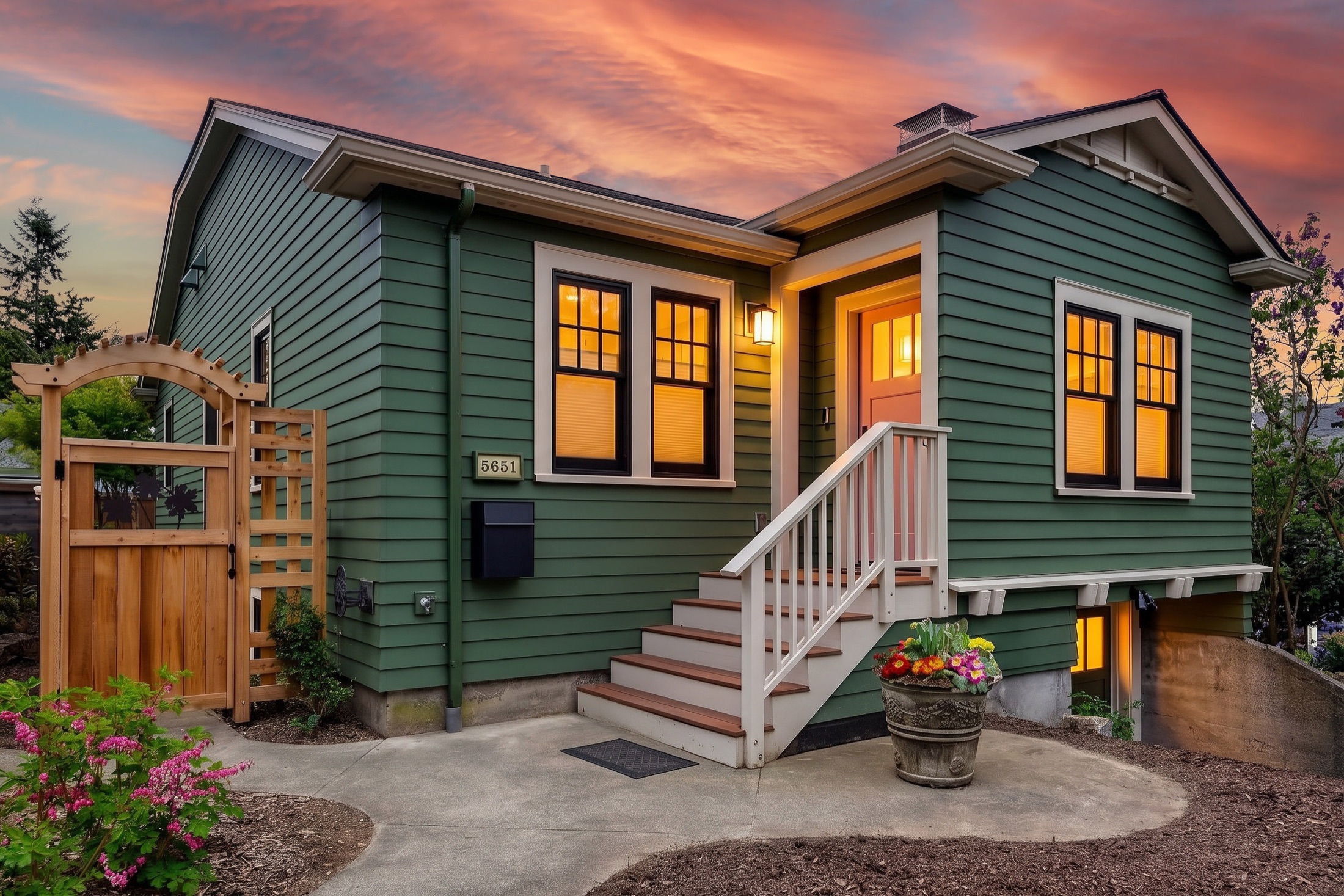 Tangletown rear addition illuminated at twilight